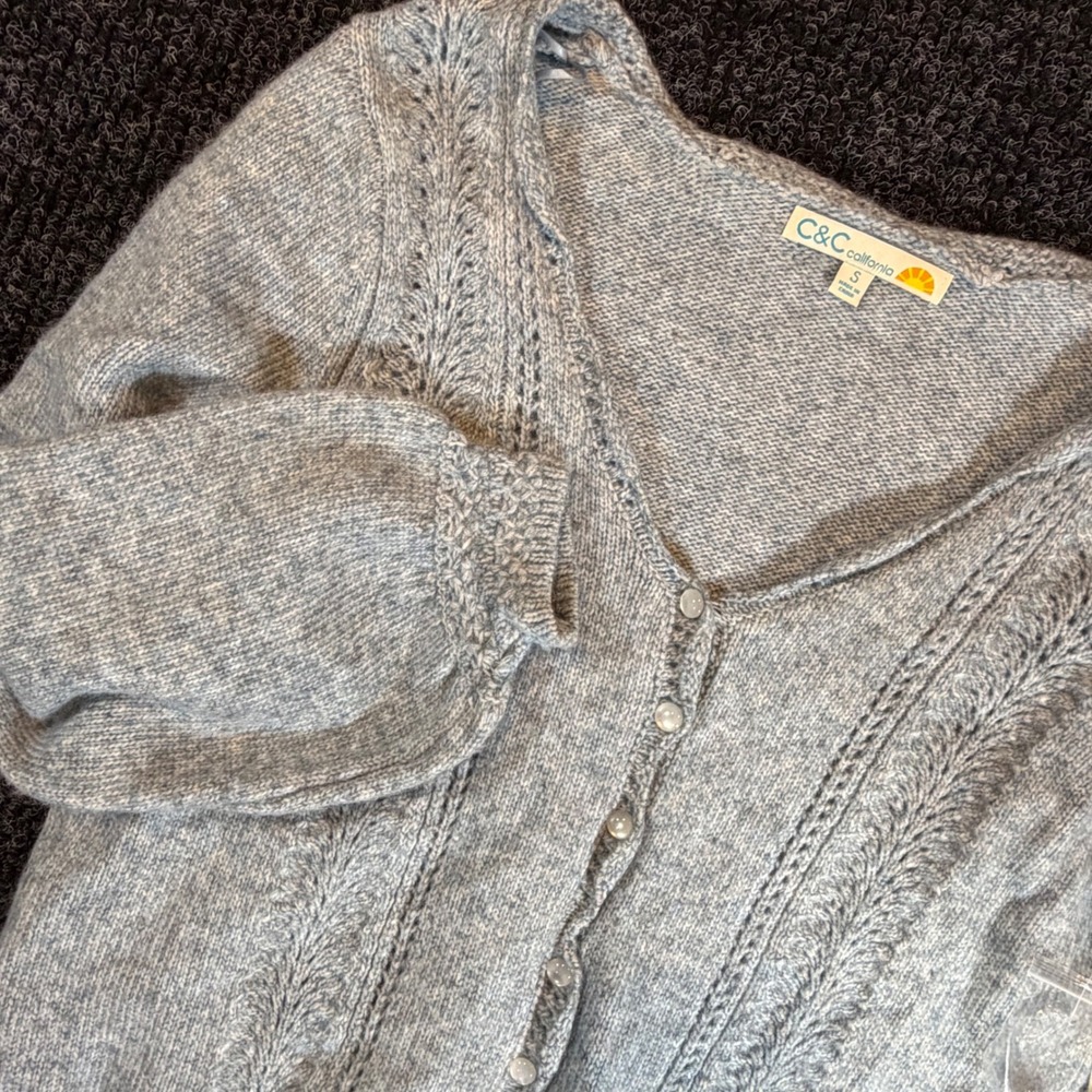 C&C California Womens Blue Cable Knit Puff Sleeve Cardigan Sweater 5T515671CCX S
